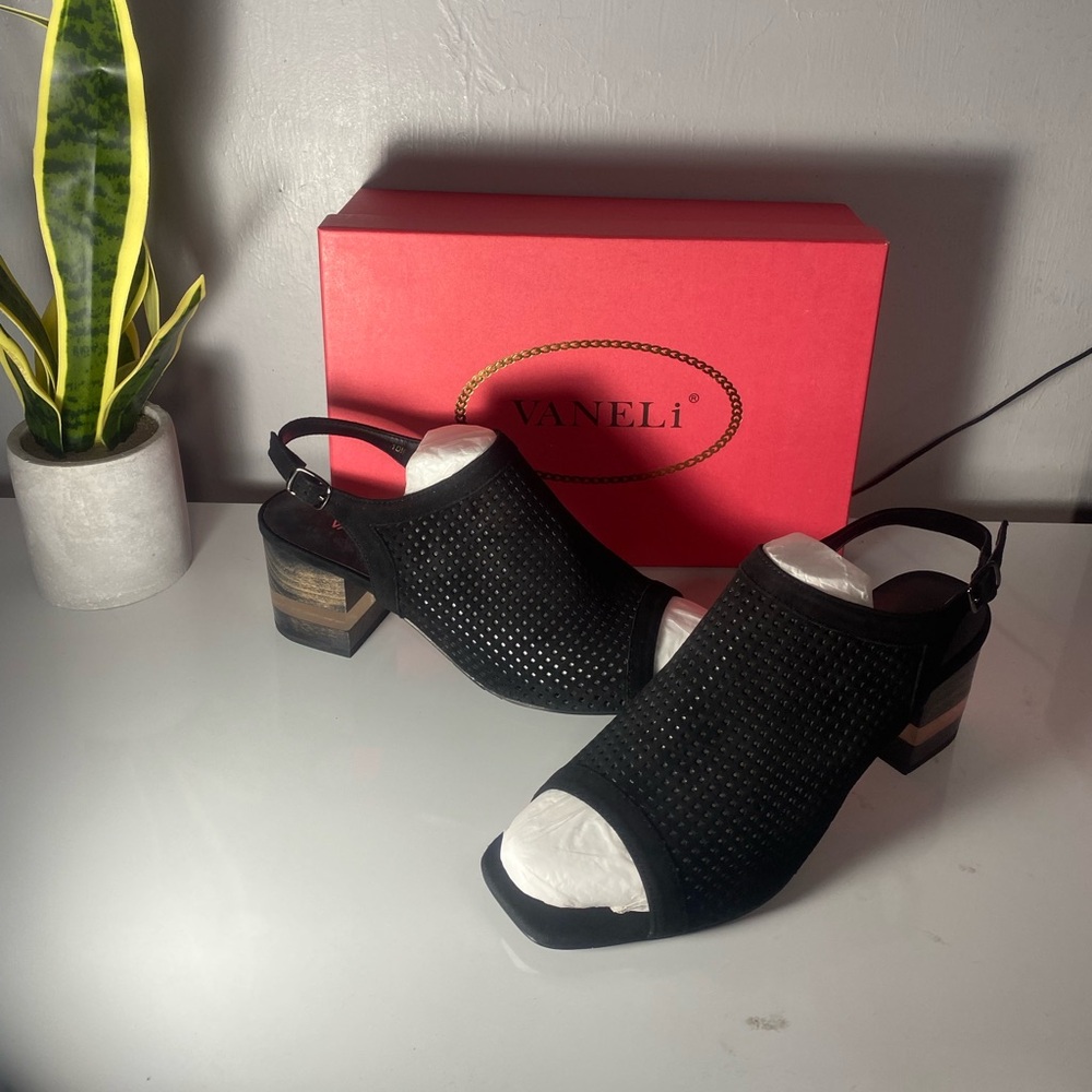 Vaneli Black Suede Perforated Slingback Block‎ Heel Sandals Square Toe Size 10